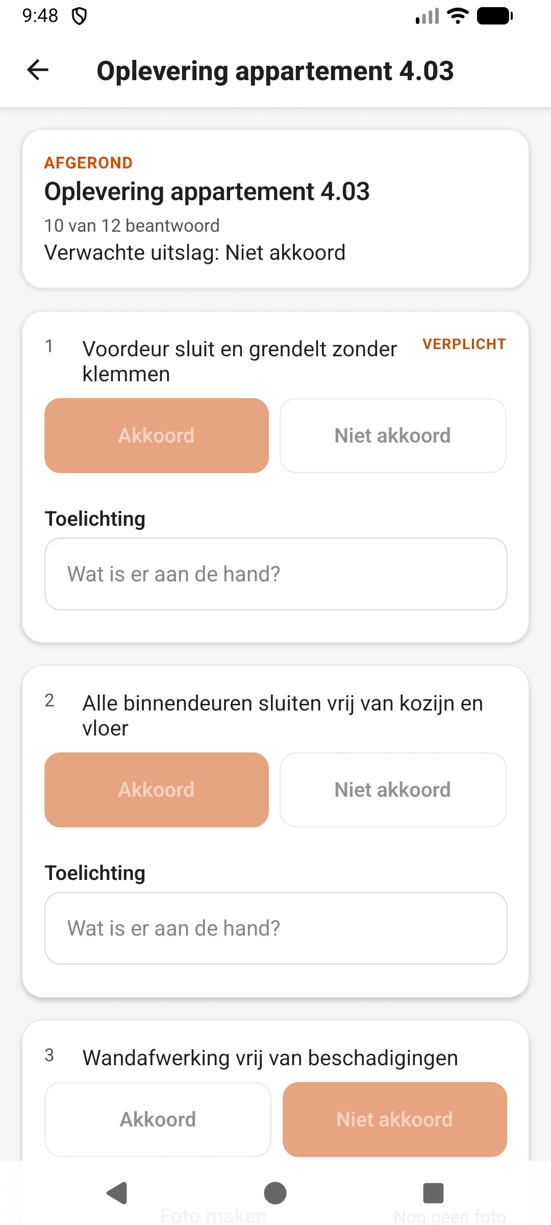 Een controlelijst met twee punten, waarvan er één een foto vraagt.
