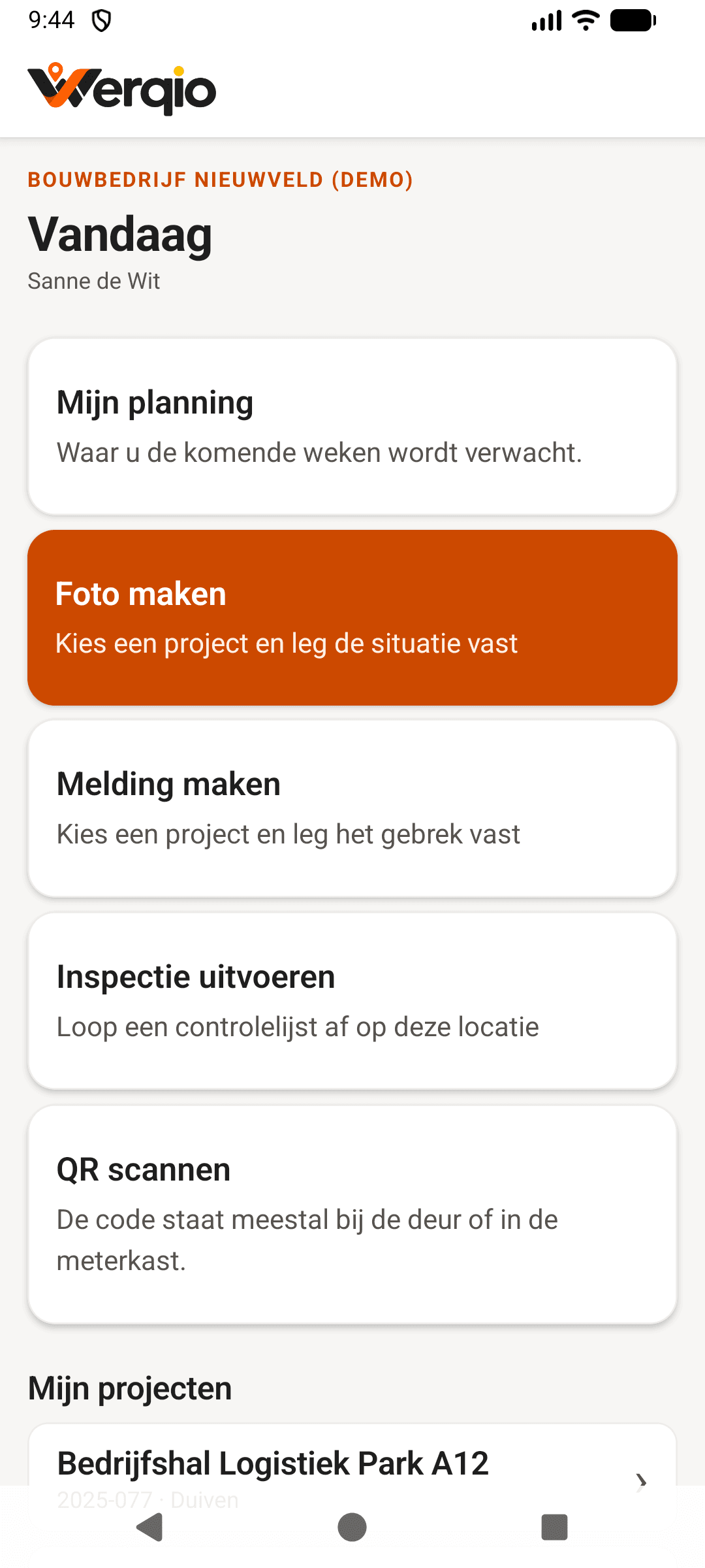 Het beginscherm van de Werqio-app met vier grote acties en de projecten van de gebruiker.